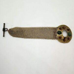 Gold Tone Mesh Wide Bracelet Faux Cabichon Stones Toggle Clasp READ